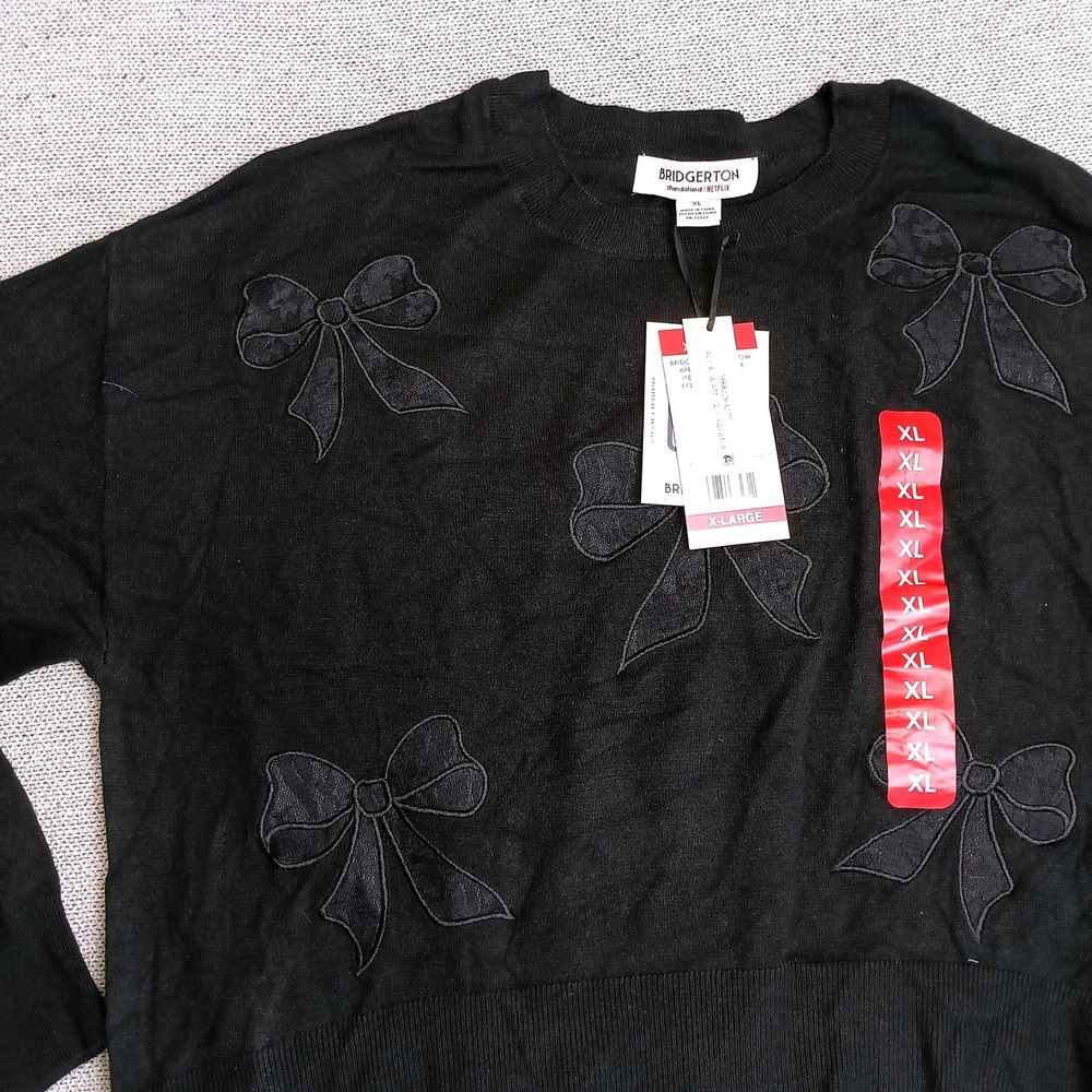 Bridgerton Lace Bow Applique Sweater Womens XL Black NWT Netflix Shondaland